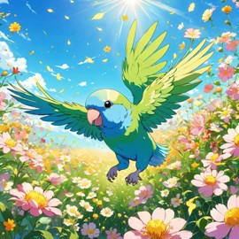 anime artwork of parrotlet bird running through a vibrant field of flowers with clear blue skies.