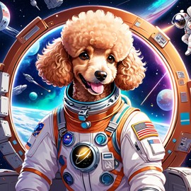 anime illustration of poodle as astronaut in space, wearing spacesuit, vibrant and detailed.