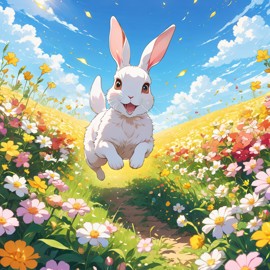 anime artwork of mini rex rabbit running through a vibrant field of flowers with clear blue skies.