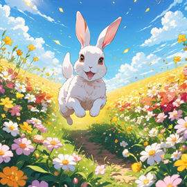 anime artwork of mini rex rabbit running through a vibrant field of flowers with clear blue skies.