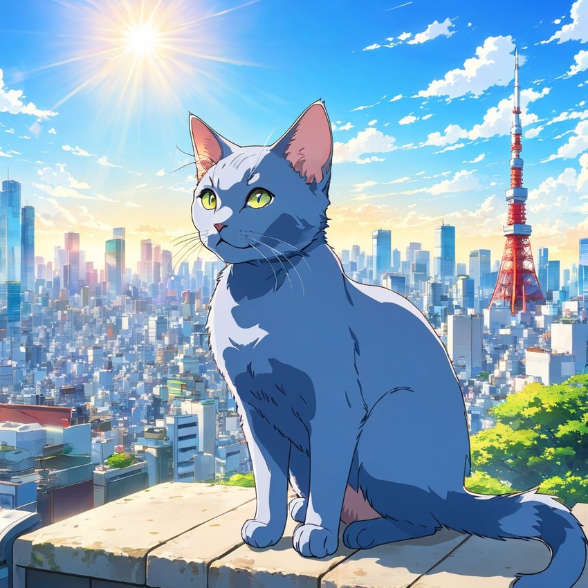 anime artwork of russian blue cat in tokyo on a sunny day with clear blue skies and cityscape background.