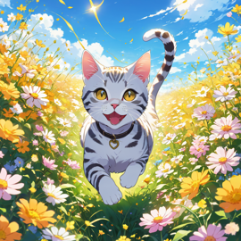 anime artwork of american shorthair cat running through a vibrant field of flowers with clear blue skies.