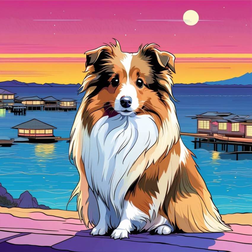 anime artwork of silkie (sheltie) guinea pig in city pop style, retro vaporwave, night view, summer beach scene.