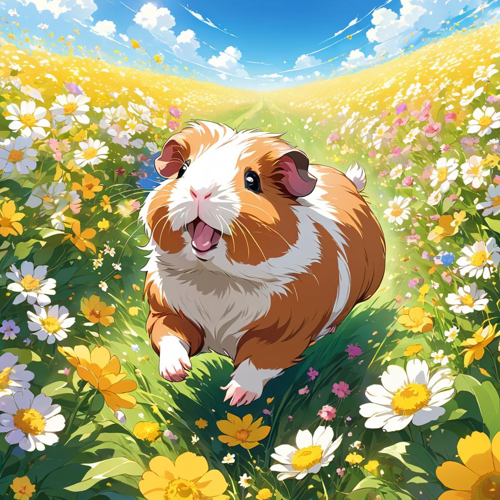 anime artwork of texel guinea pig running through a vibrant field of flowers with clear blue skies.