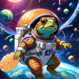 anime illustration of box turtle turtle/tortoise as astronaut in space, wearing spacesuit, vibrant and detailed.