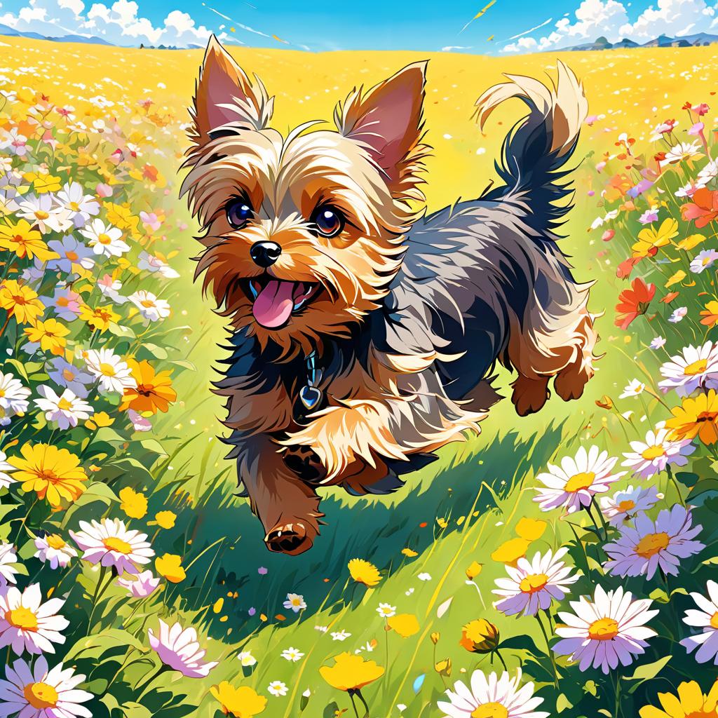 anime artwork of yorkshire terrier running through a vibrant field of flowers with clear blue skies.