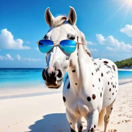 appaloosa horse on a beautiful beach with white sand and blue sea, wearing sunglasses.