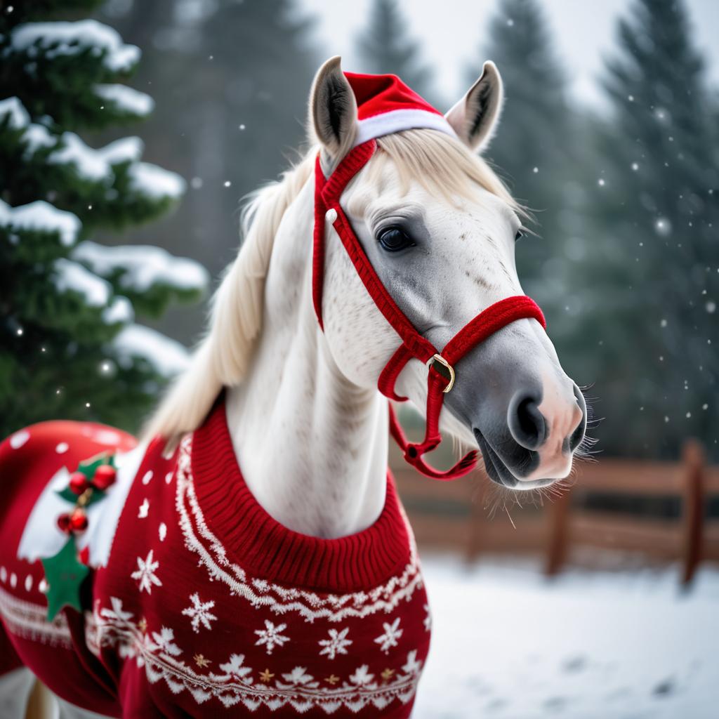 appaloosa horse in a christmas sweater and santa hat, festive and detailed.