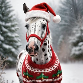 appaloosa horse in a christmas sweater and santa hat, lifelike and festive.