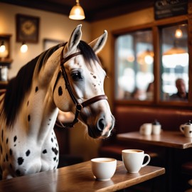 appaloosa horse sitting in a cozy coffee shop with a cup of coffee, detailed and vibrant.