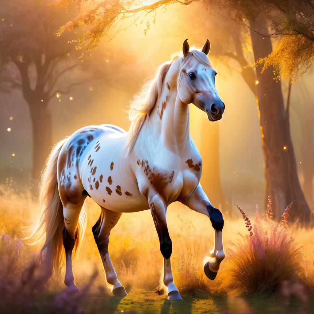 appaloosa horse during golden hour, with a celestial and magical atmosphere, capturing their beauty in a dreamy setting.