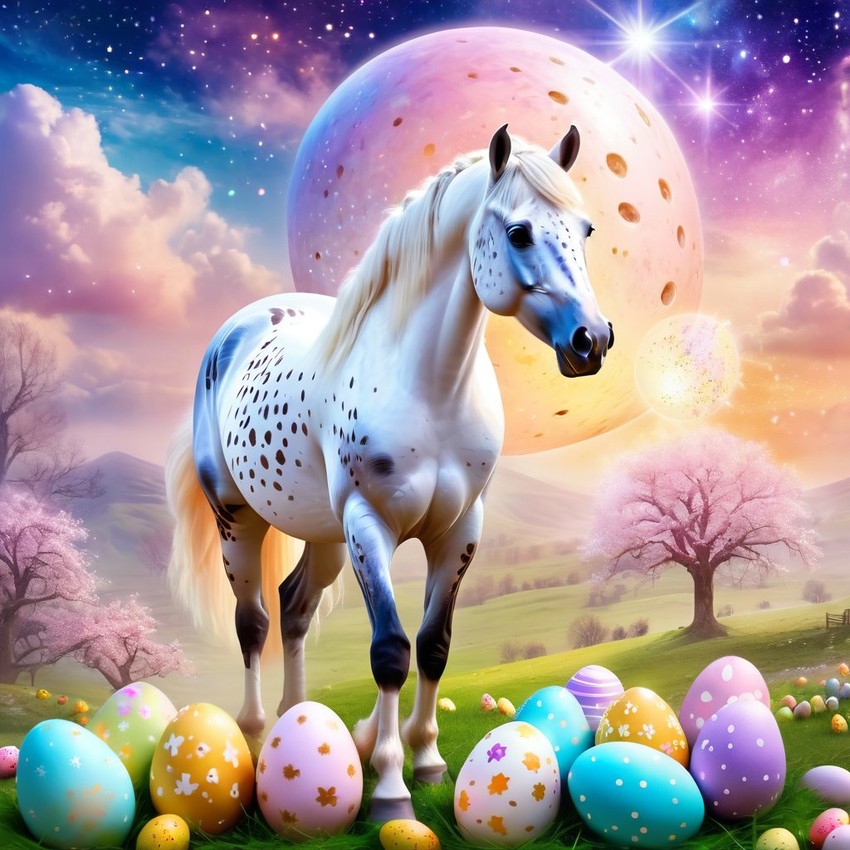 appaloosa horse in a magical easter setting with colorful eggs, ethereal and dreamy details.