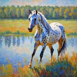 appaloosa horse in the style of monet, featuring delicate brush strokes and a classic, artistic appearance.