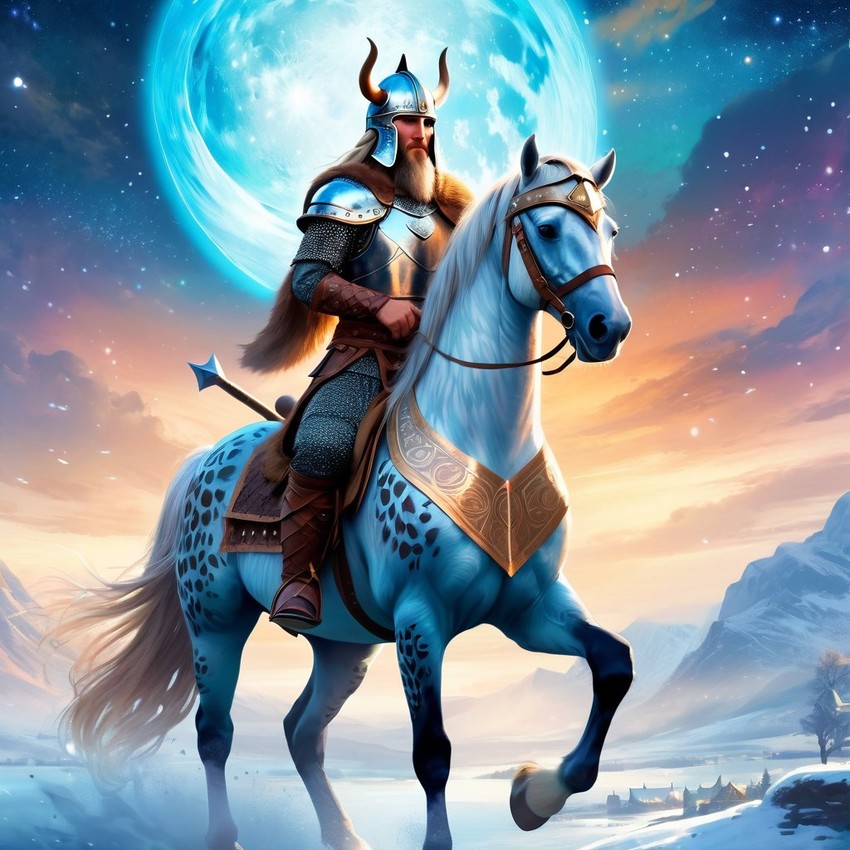 appaloosa horse as a viking, wearing traditional armor and helmet, in a magical viking environment.