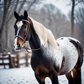 appaloosa horse in a beautiful winter scene, wearing stylish winter clothing, looking cute and happy.