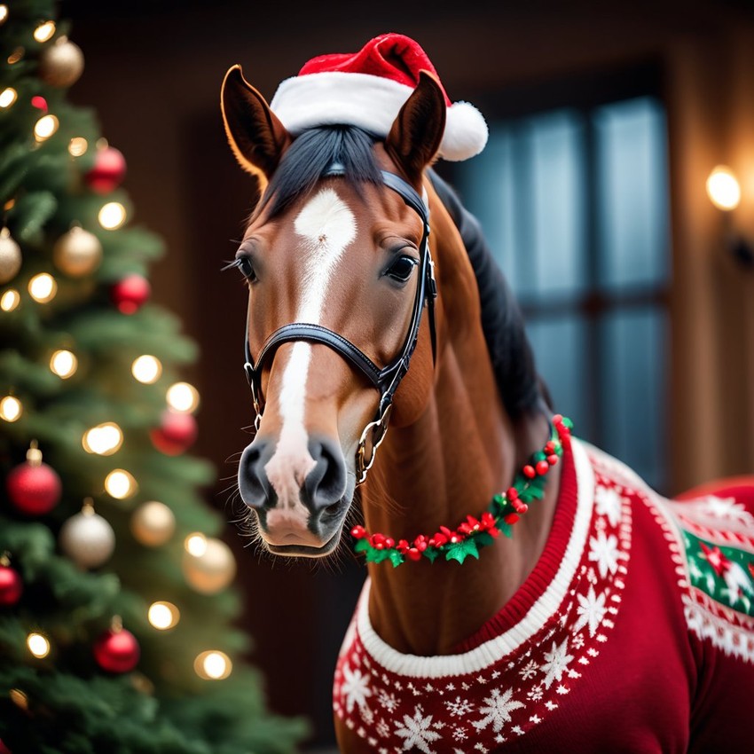 arabian horse in a christmas sweater and santa hat, festive and detailed.