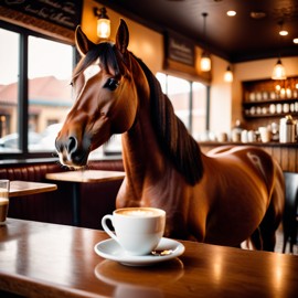 arabian horse sitting in a cozy coffee shop with a cup of coffee, detailed and vibrant.