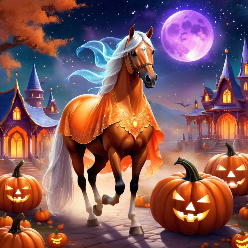 arabian horse in a halloween costume, with a magical and ethereal atmosphere surrounded by pumpkins.