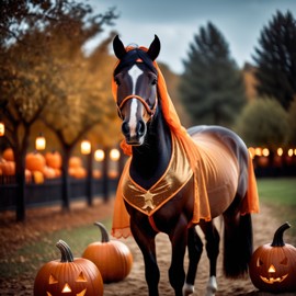 arabian horse in a halloween costume with pumpkins and eerie decorations, highlighting their festive spirit.