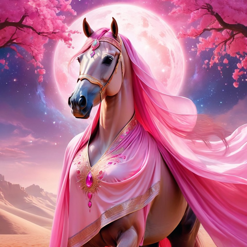 arabian horse in pink clothing, set in a beautiful pink scene with a dreamy, magical vibe.