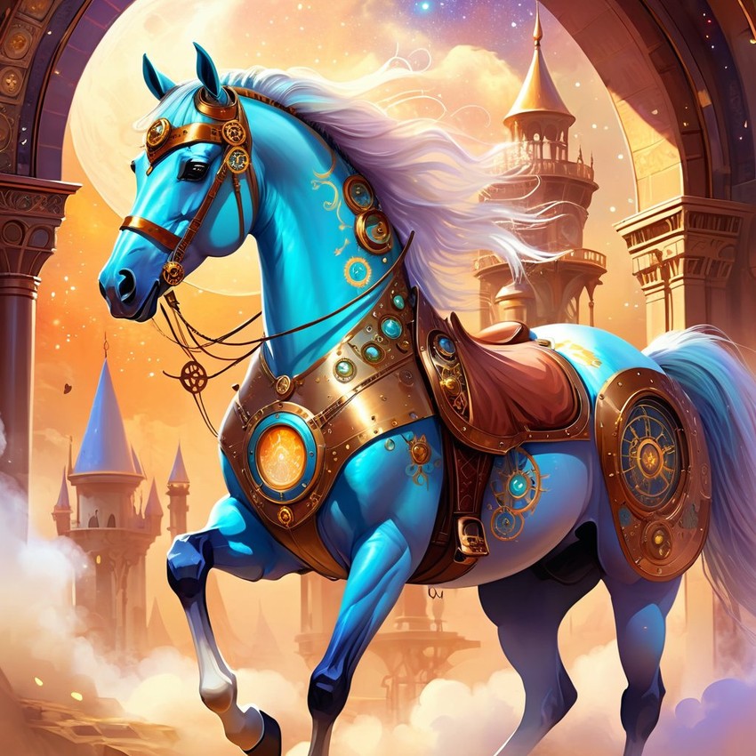 arabian horse in a steampunk style, cute and happy, with a magical and painterly quality.