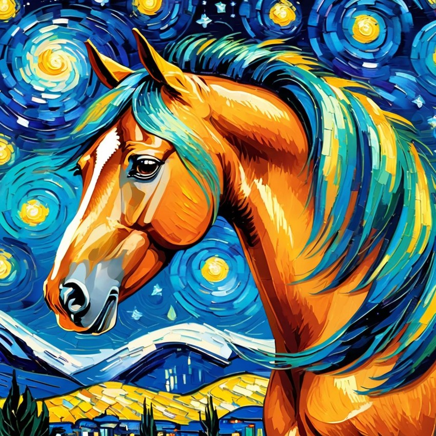 arabian horse by van gogh, featuring starry night brush strokes, capturing a cute and happy expression.