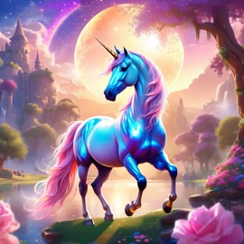 arabian horse as a unicorn in a magical fairytale environment, capturing an ethereal and majestic scene.