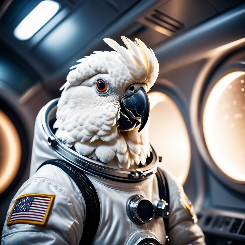 cockatoo bird as astronaut in space, wearing spacesuit, with spacestation background.