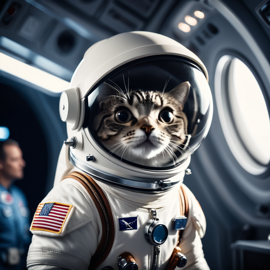 finch bird as astronaut in space, wearing spacesuit, with spacestation background.