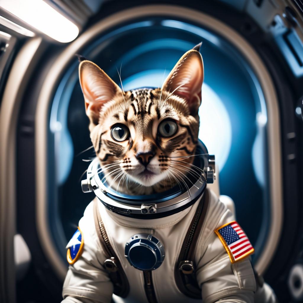 savannah cat as astronaut in space, wearing spacesuit, with spacestation background.