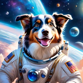 australian shepherd as astronaut in space, ethereal and magical style, wearing spacesuit.