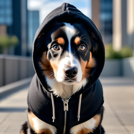 australian shepherd in a black hoodie, set against a modern urban backdrop, emphasizing a stylish and trendy look.