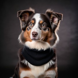 australian shepherd in a black turtleneck, against a diffused background, looking cute and elegant.