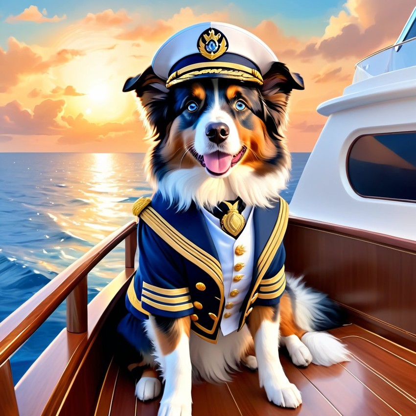 australian shepherd as a captain on a luxury yacht, wearing captain uniform, ethereal and majestic.