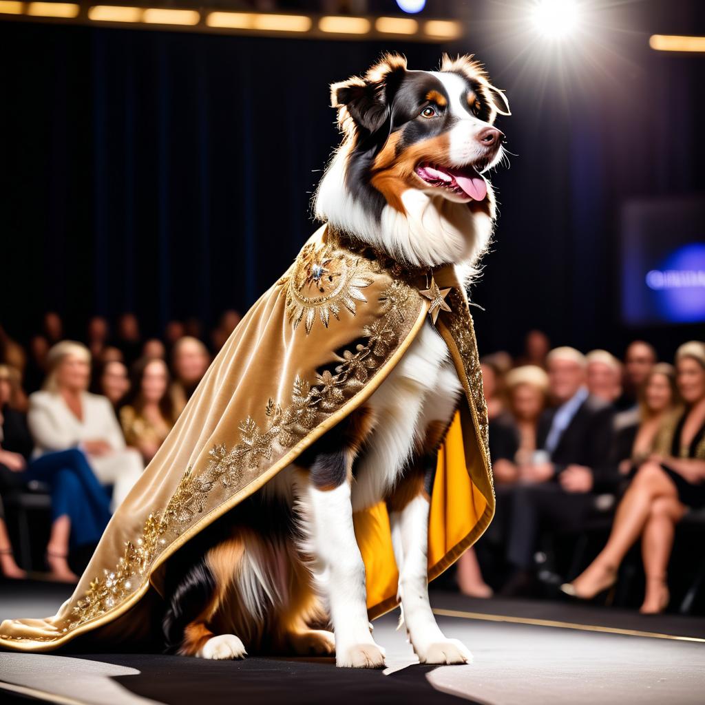 australian shepherd strutting down the fashion show catwalk stage in a luxurious velvet cape with gold embroidery, high energy and majestic.