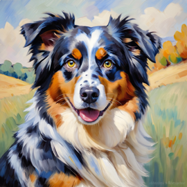 australian shepherd in the style of cezanne, highlighting classic brush strokes and an elegant, timeless look.