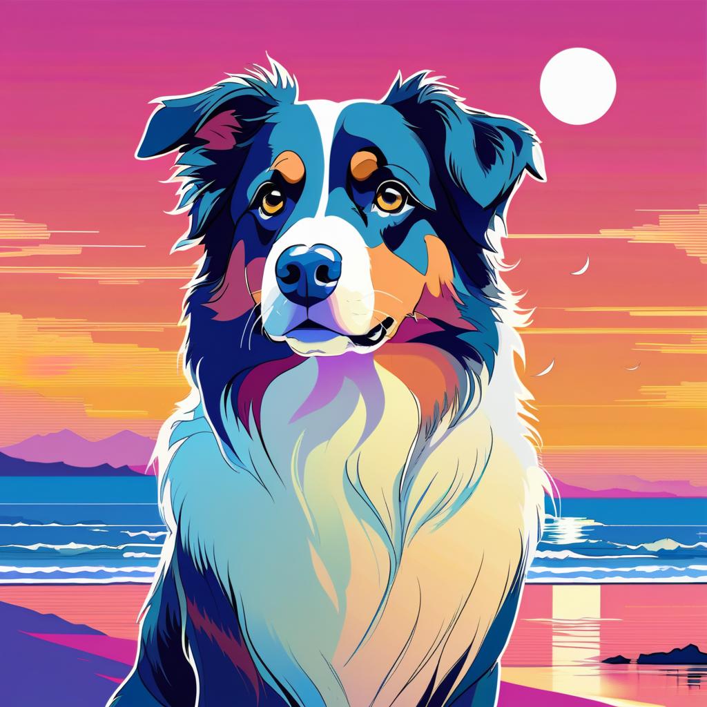 anime artwork of australian shepherd in city pop style, retro vaporwave, night view, summer beach scene.