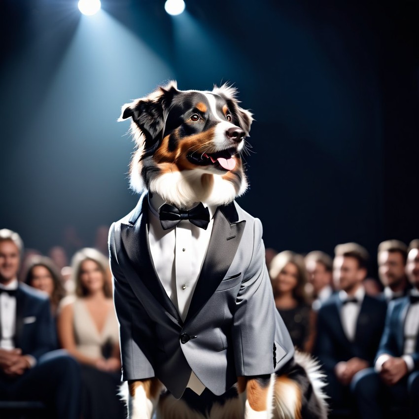 australian shepherd in a classy suit on a fashion stage, showcasing elegance and charm in a highly detailed, epic scene.