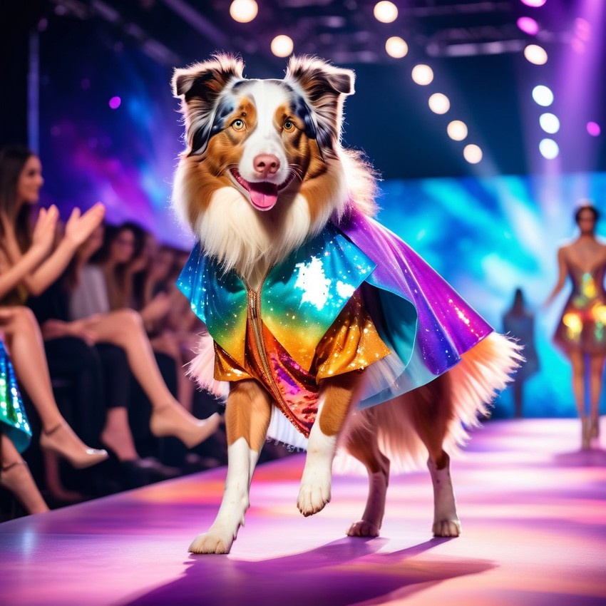 australian shepherd strutting down the fashion show catwalk stage in an extravagant cosmic-themed outfit with iridescent fabrics, high energy and extravagant.