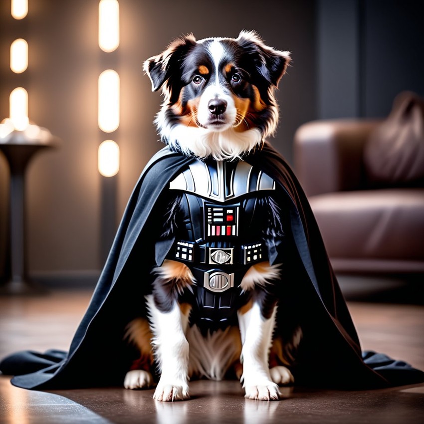 australian shepherd as darth vader from star wars, dressed as darth vader in a detailed star wars scene.