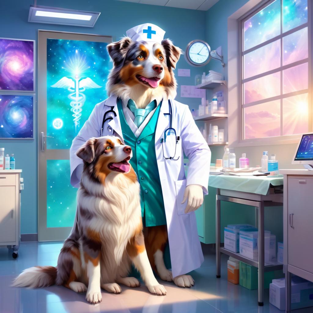 australian shepherd as a doctor in a magical hospital setting, ethereal and dreamy with celestial details.