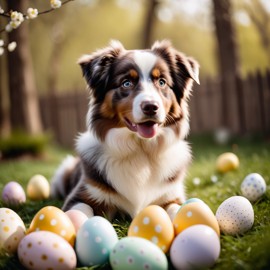 australian shepherd in a beautiful easter setting with colorful eggs, highly detailed and charming.