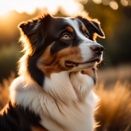 australian shepherd in golden hour light, highlighting their beauty in nature with a moody and detailed atmosphere.