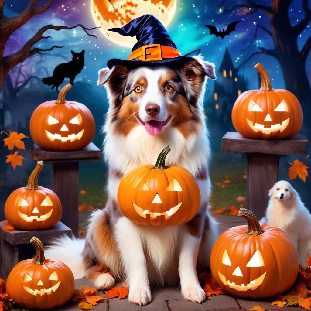 australian shepherd in a halloween costume, with a magical and ethereal atmosphere surrounded by pumpkins.