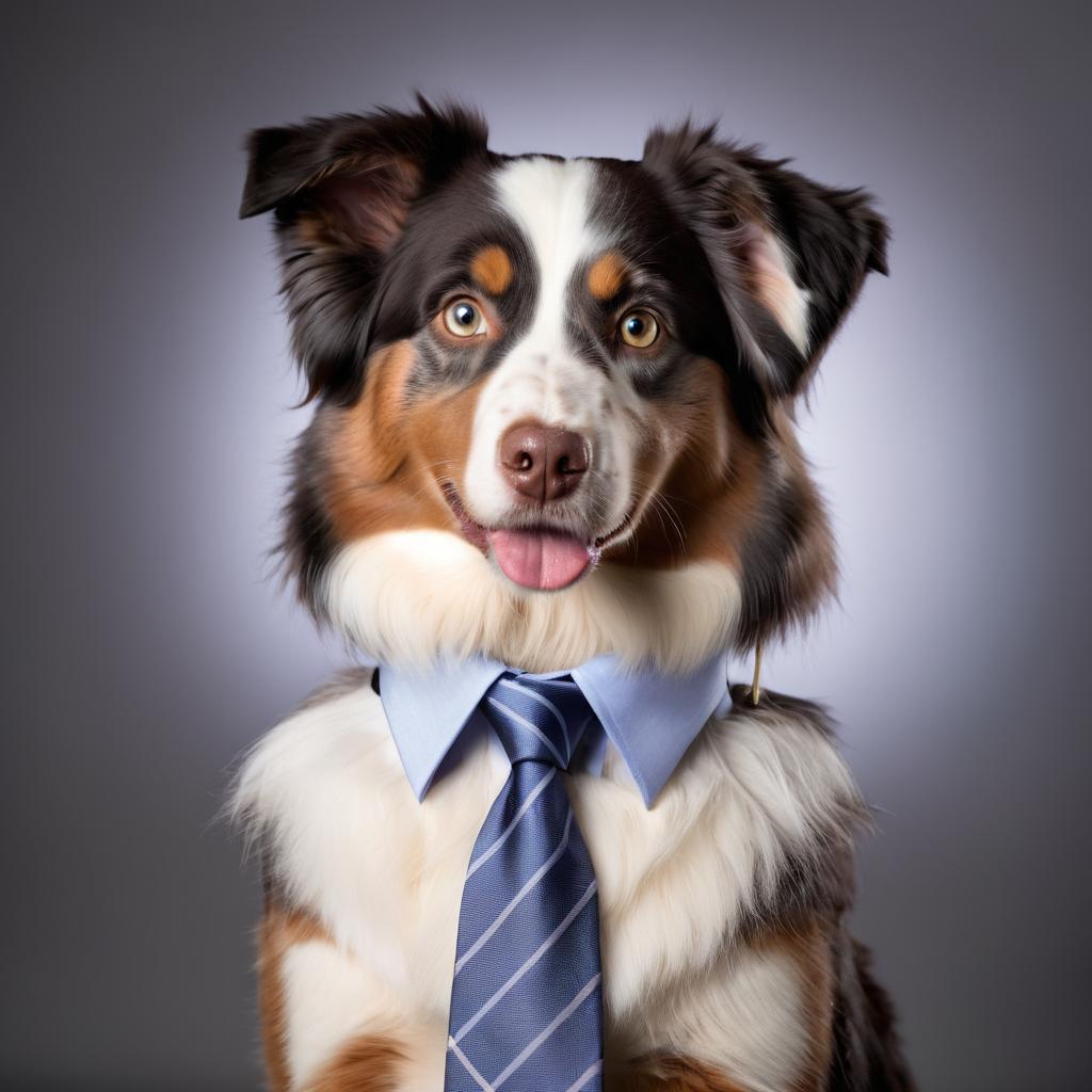 professional headshot of australian shepherd wearing a shirt and tie for a cv or linkedin, studio photo.