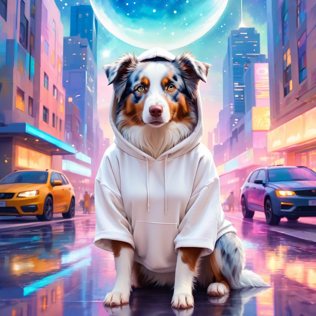 australian shepherd in a white hoodie, featuring a magical and ethereal urban setting with a cute and happy vibe.