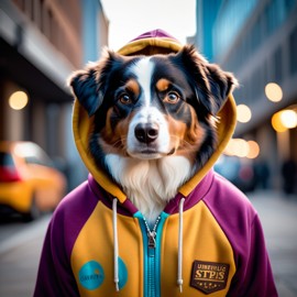 australian shepherd in a colorful hoodie, set in a modern urban environment with a stylish and trendy vibe.