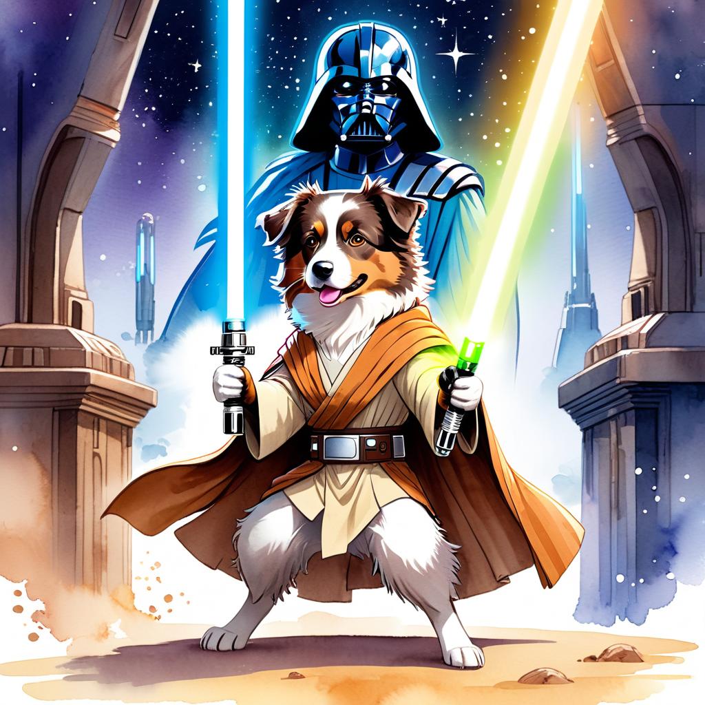 watercolor painting of australian shepherd as a jedi knight, holding a lightsaber with a star wars backdrop in a vibrant, detailed style.