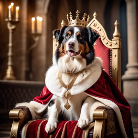 australian shepherd as a king in a magical castle, wearing a crown and robe, seated on a throne.