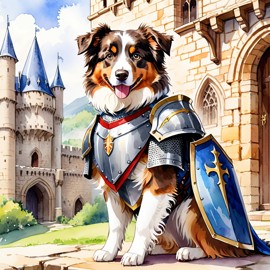 watercolor painting of australian shepherd as a medieval knight in a vibrant, detailed castle scene.